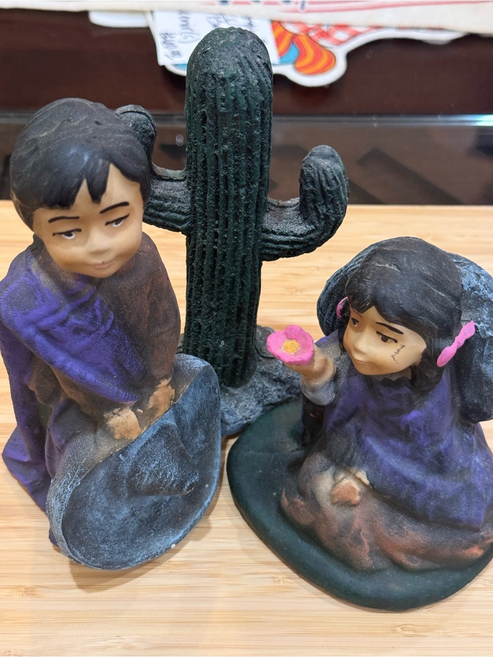 Hand-Painted Ceramic Figurine Pair with Cactus